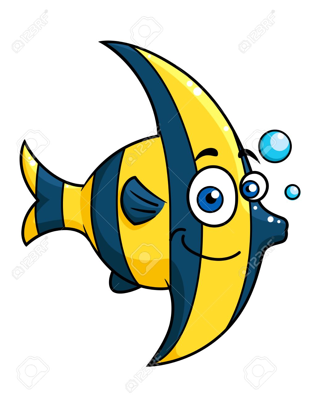 33661461-Smiling-cartoon-striped-tropical-fish-with-blue-and-yellow-stripes-swimming-underwater-with-bubbles--Stock-Vector.jpg
